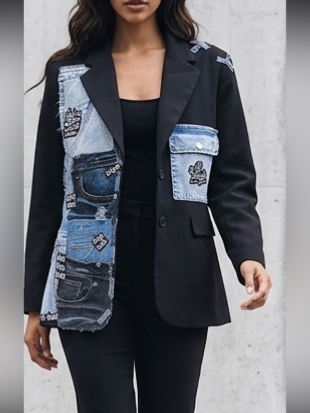 Upcycled Black Blazer with Denim Patch Pockets size L